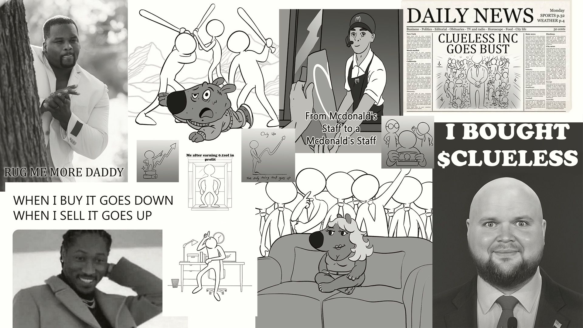 A new collage of various memes related to crypto trading and internet culture.